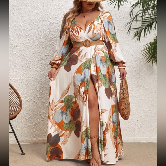 Plus Size Plunge V Neck Floral Tropical Print High Slit Long Sleeve Maxi Dress - Picture 6 of 12